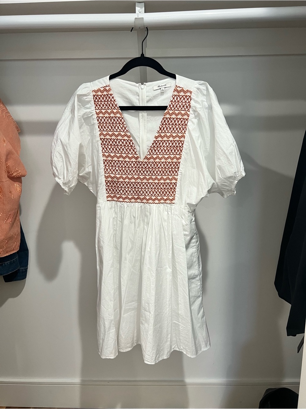 Madewell White Midi Dress with Rust Embroidered V-Panel